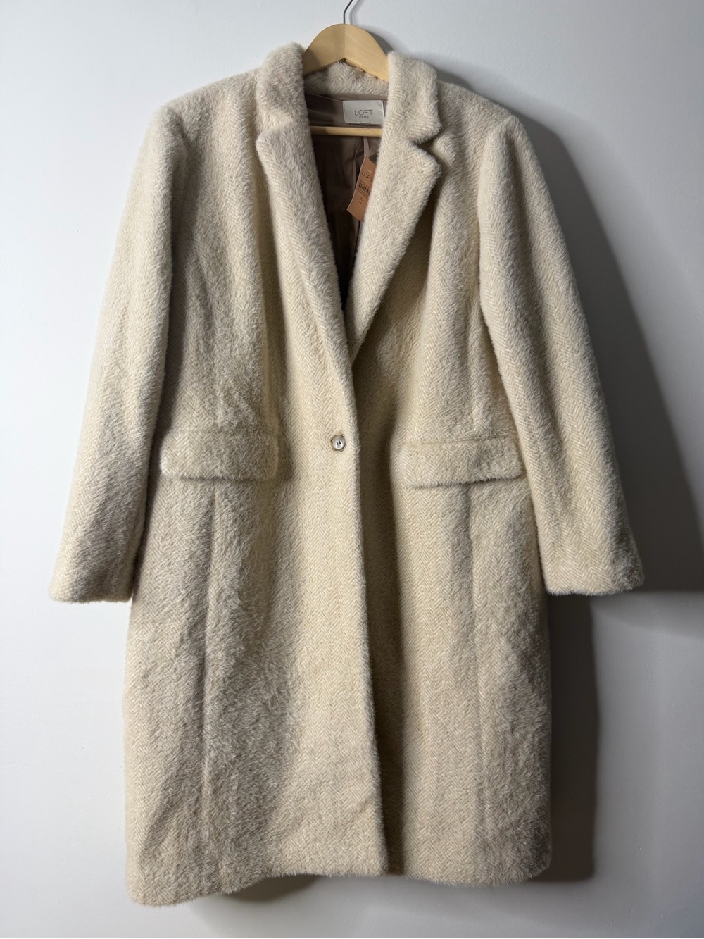 LOFT Cream Faux-Fur Long Pea Coat